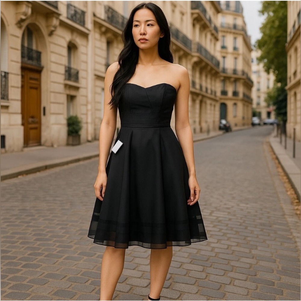 White House Black Market Strapless Pleated Midi Dress Size 6 Black Wedding Guest